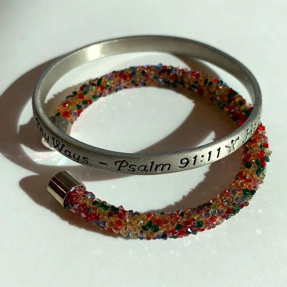 Psalm 91:11 Bible Verse Bracelet Bundle with Adjustable Crystal Bangle Silver - Picture 1 of 6